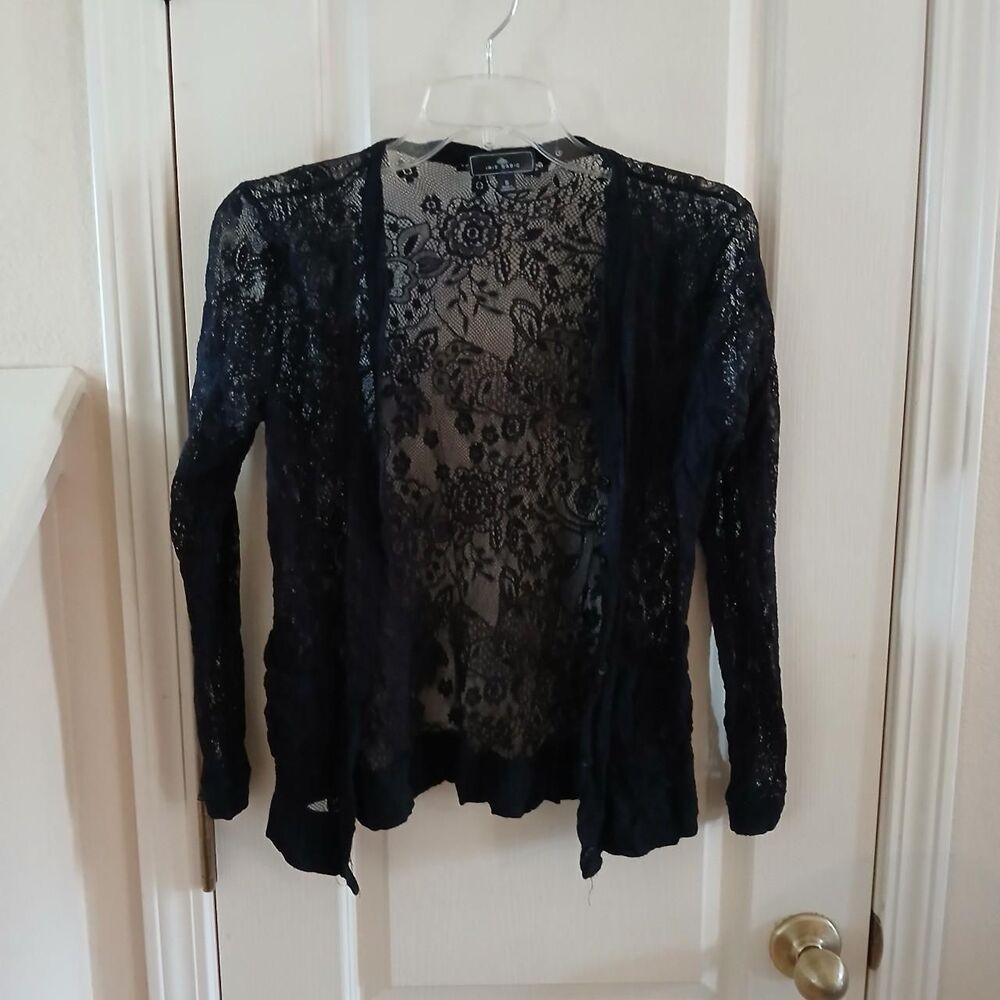 Sheer Black Floral Lacey Stretchy Mesh Long-Sleeve Button-Up Cardigan Pockets S